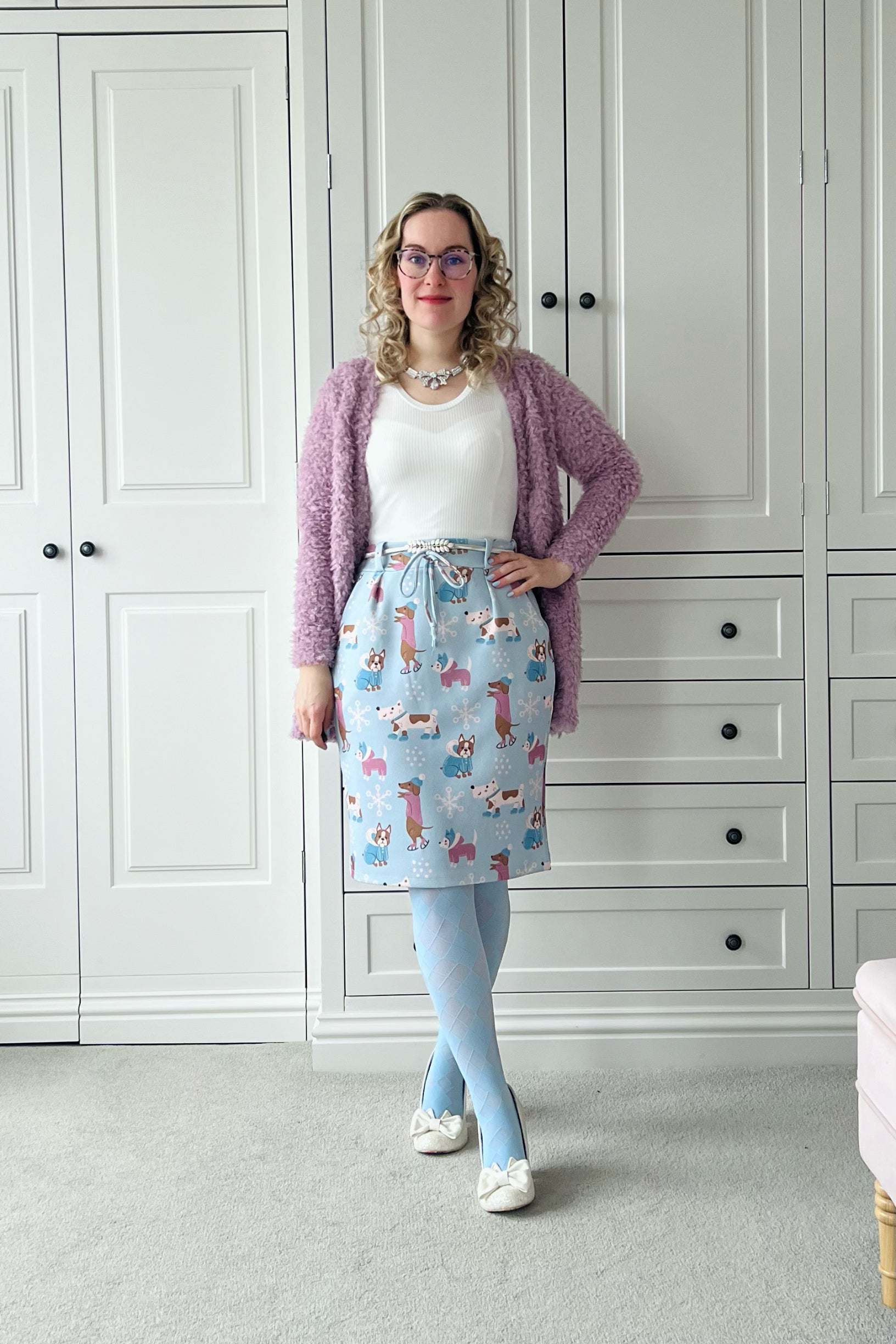 Jasmine Jogger Skirt PDF Sewing Pattern by Ellie and Mac in Knee Length and paired with the chapman cardigan sewing pattern.