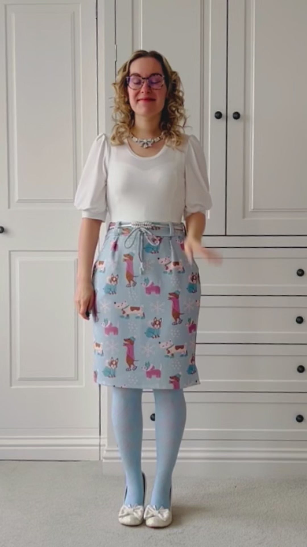 Jasmine Jogger Skirt PDF Sewing Pattern by Ellie and Mac in knee Length with the chapman cardigan pdf sewing pattern.
